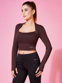 FabLina Women’s Padded Thumb-Hole Crop Top – High Support Gym Wear Brown