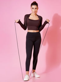 FabLina Women’s Padded Thumb-Hole Crop Top – High Support Gym Wear Brown