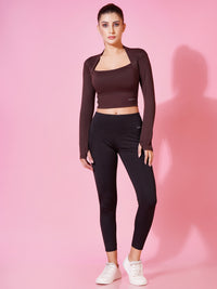 FabLina Women’s Padded Thumb-Hole Crop Top – High Support Gym Wear Brown