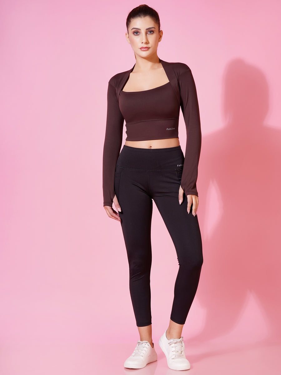 FabLina Women’s Padded Thumb-Hole Crop Top – High Support Gym Wear Brown