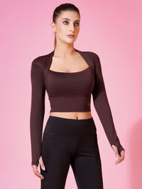 FabLina Women’s Padded Thumb-Hole Crop Top – High Support Gym Wear Brown