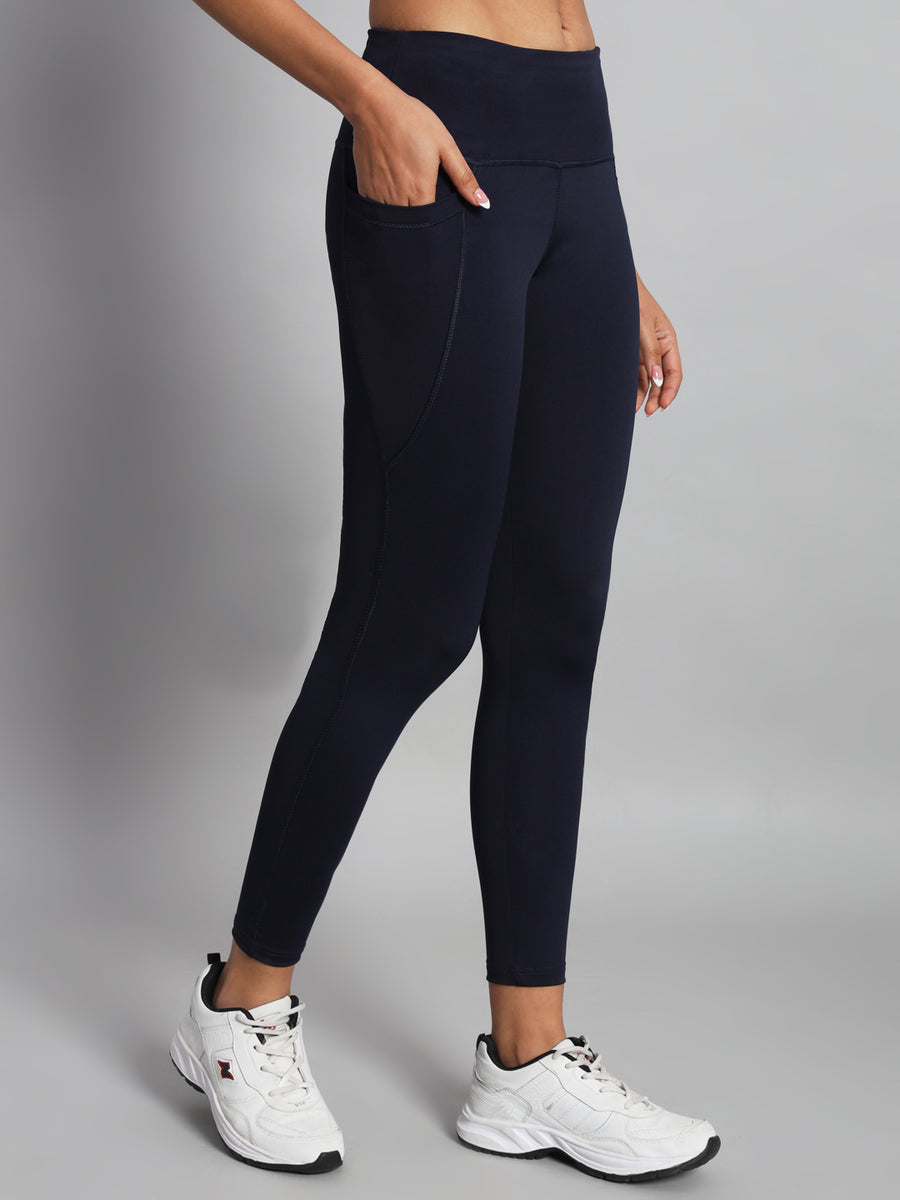 FabLina Premium Mid-Waist Dual Pocket Performance Tights Blue