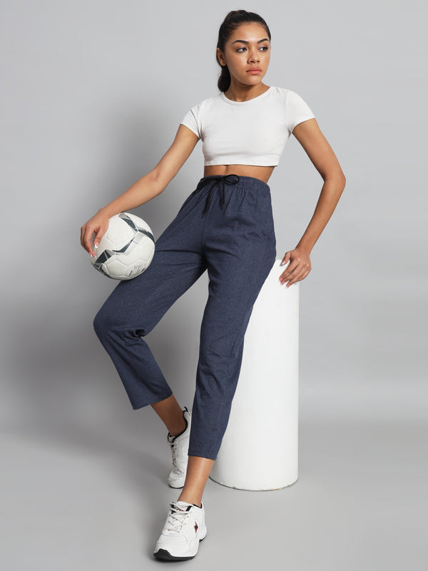 FabLina Premium Mid-Waist Solid Stretch Trousers Blue